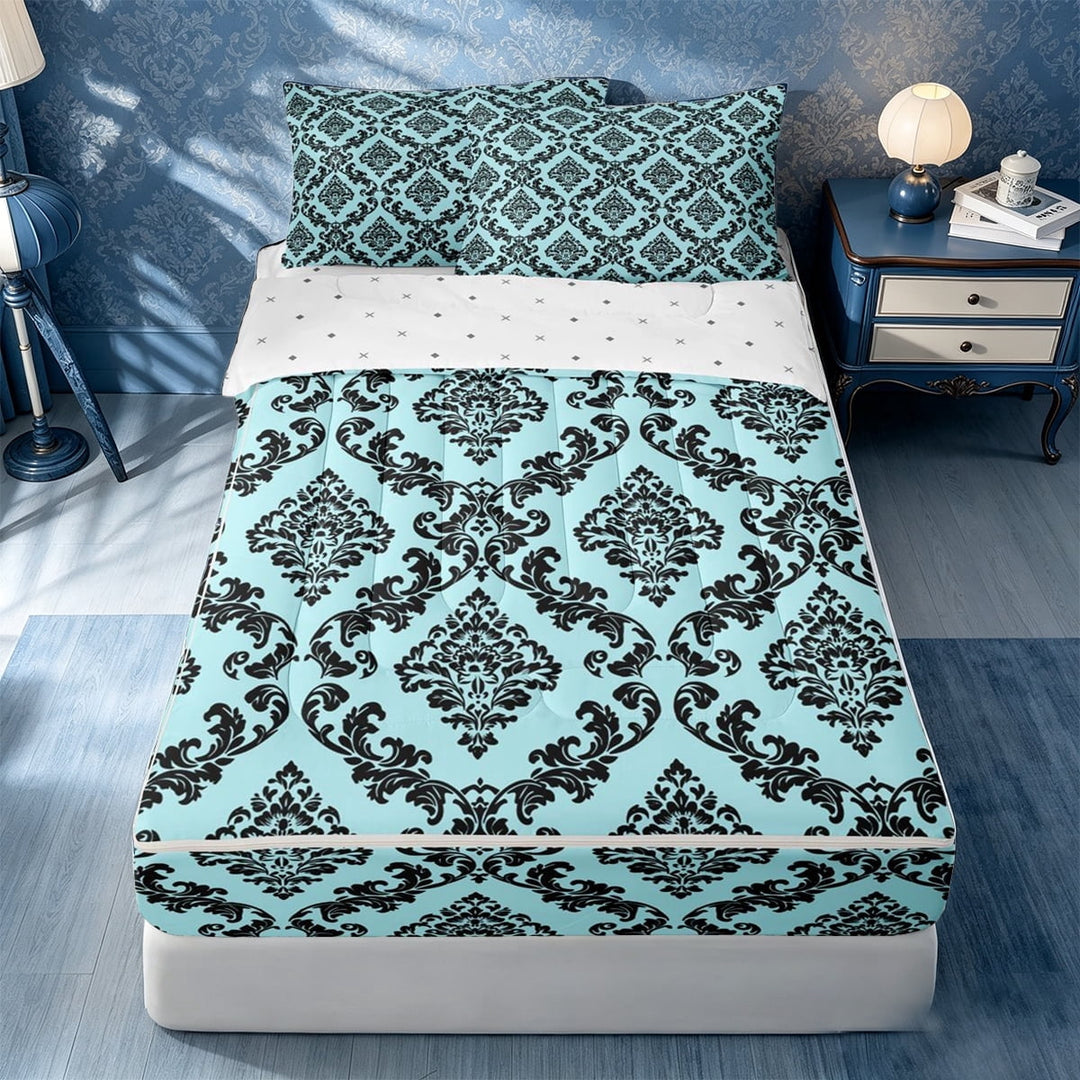 meiyoeat Bright Damask Zipper Full Size Comforter Sets with Fitted Sheet and 2 Pillowcases For Girls,Baroque Floral Pattern Zipper Bedding Set,Black Cyan,Reversible,4 Pieces