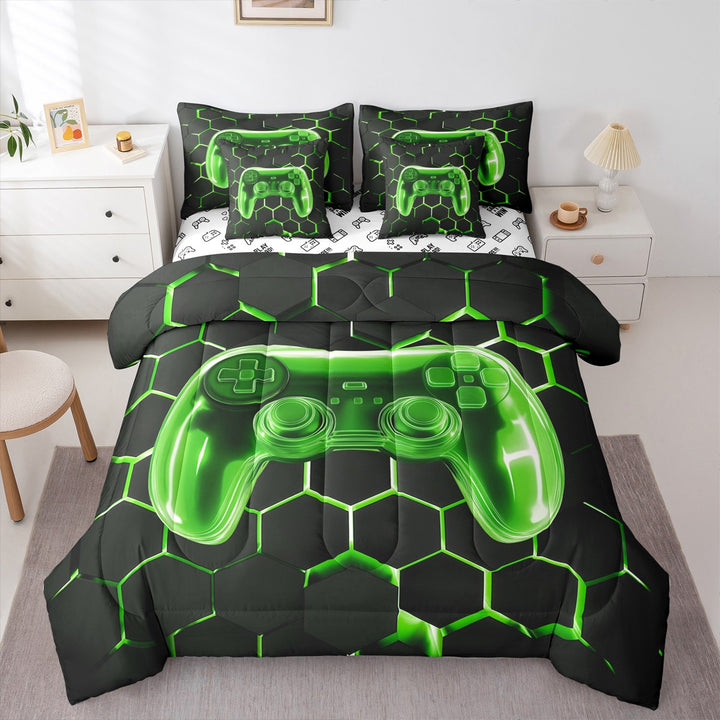 Erosebridal Gamepad Print Bedding Twin Size, Green Bedding Sets Twin Size, Geometric Stripe Decor, Reversible 7-Piece