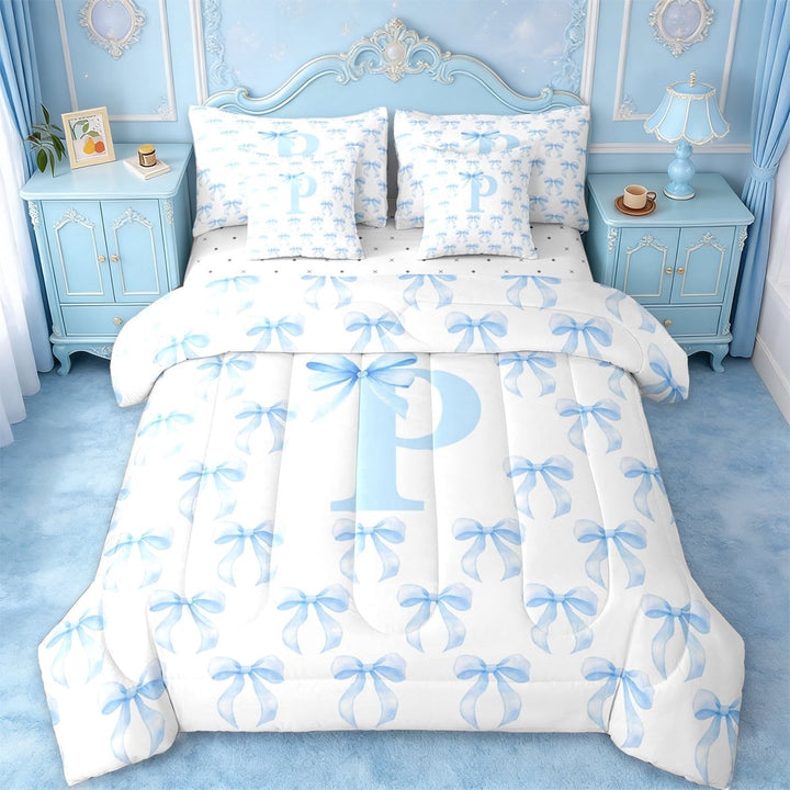 Erosebridal Lovely Bow Tie 7-Piece Twin Bedding Sets For Kids,Girls Bow Letter P Initial Monogram Bedding Comforter Set,Reversible