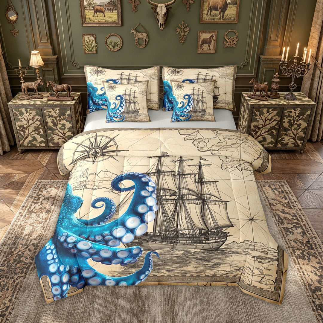 meiyoeat Vintage Octopus Full Size Bedding Sets for Men Kids, Nautical Map Compass Ocean Sail Adventure Full Size Bed in a Bag, Beige, Grey Reversible, 7-Piece