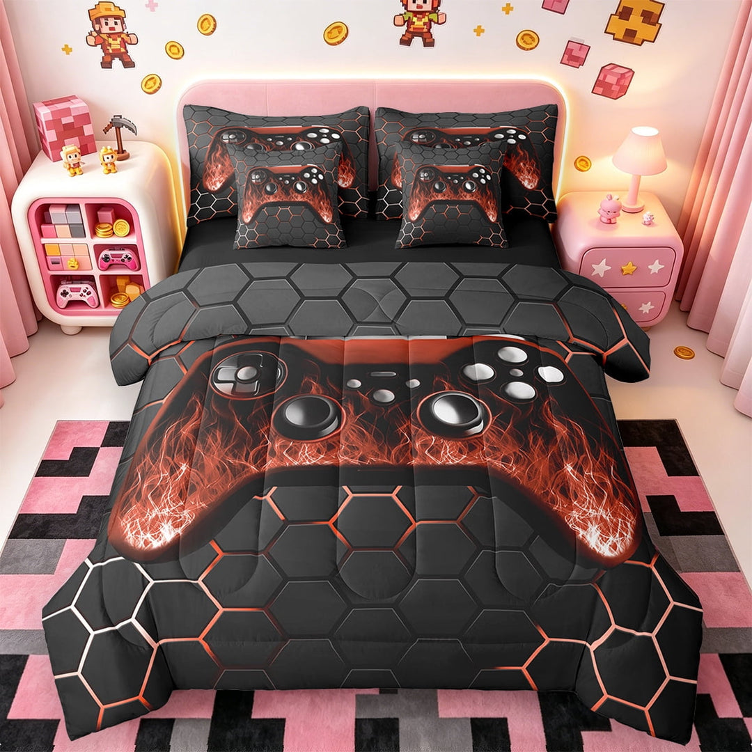 Manfei Gamer Gaming Bedding Sets Twin Size,Vindoe Game Comforter Sets with Sheets,Orange Black Hexagon Bed in a Bag Twin Size For Kid Boy,Lightweight Room Decorative Reversible,7-Piece