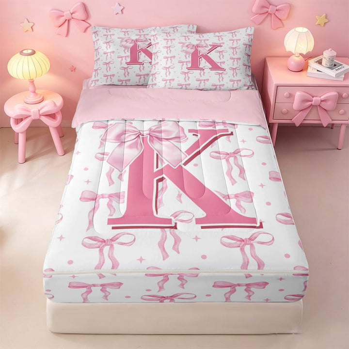 meiyoeat Girly Bow ABC Alphabet Zipper Full Size Comforter Sets with Fitted Sheet and 2 Pillowcases For Kids,Pink Polka Dots Monogrammed Print K Zipper Bedding Set,pink Reversible,4 Pieces