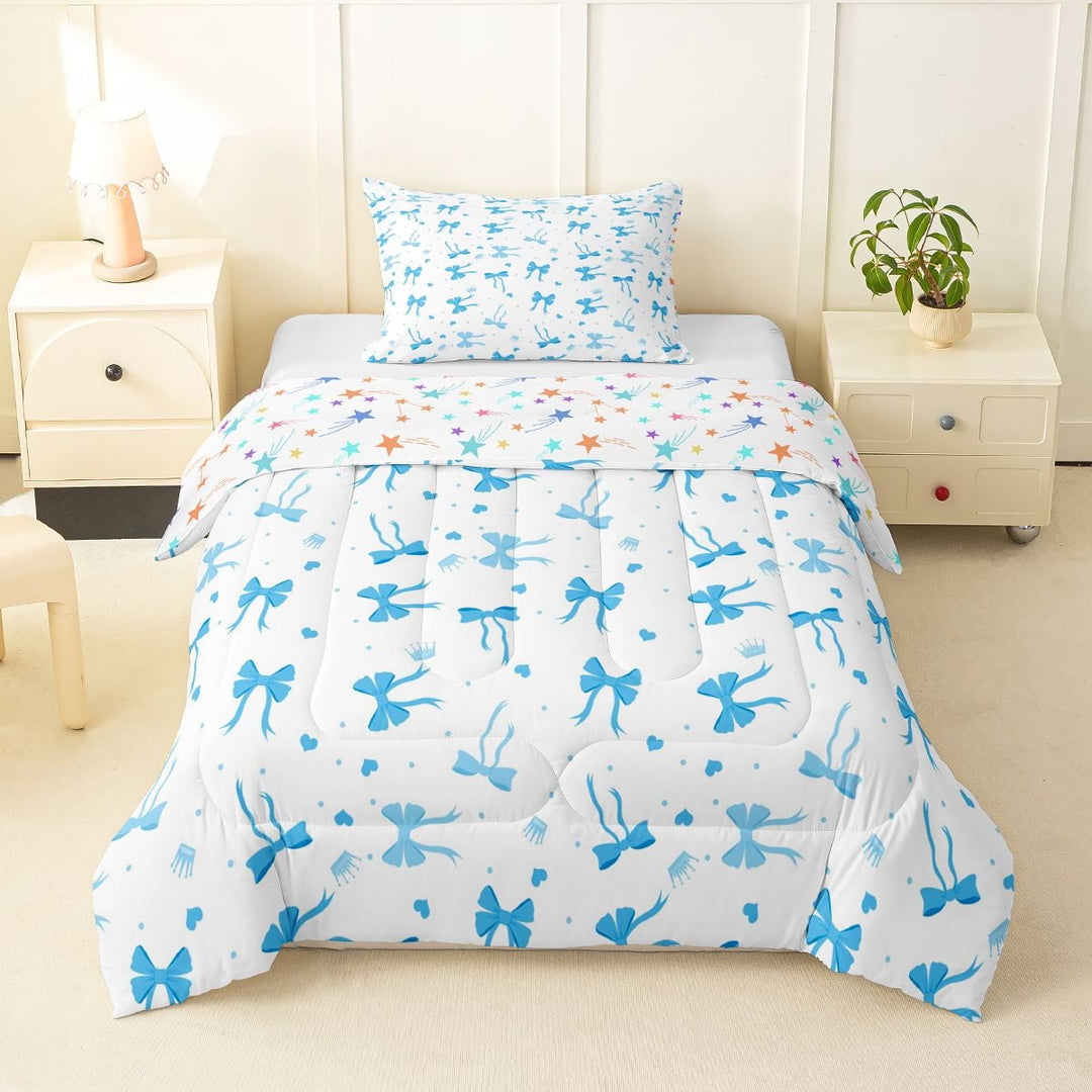 Feelyou Blue Ribbon Twin Comforter Sets, Love Heart Bedding Set, 2-Piece