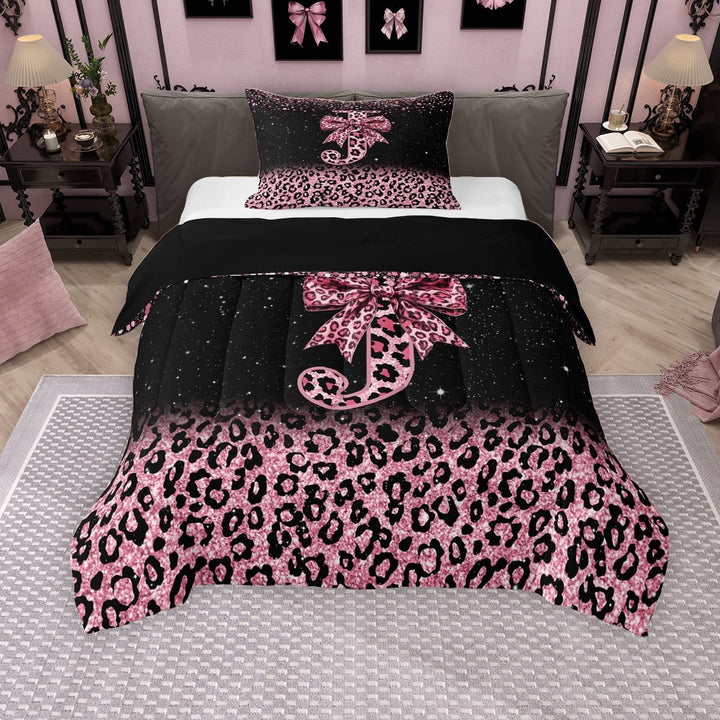 Erosebridal Cute Pink Leopard Print Twin Comforter Sets for Girls, Bowknot Letter J Bedding Set, Black Reversible 2 Pieces, 1 Comforter and 1 Pillowcase