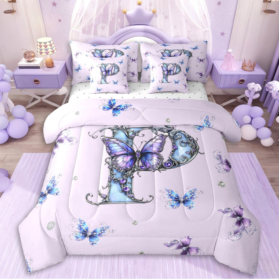 Erosebridal 7-Piece Teens Elegant Personalized P Initial Twin Bedding Set, Girls Blue Purple Crystal Butterflies Bedding Comforter Set Ultra Soft Home Decor