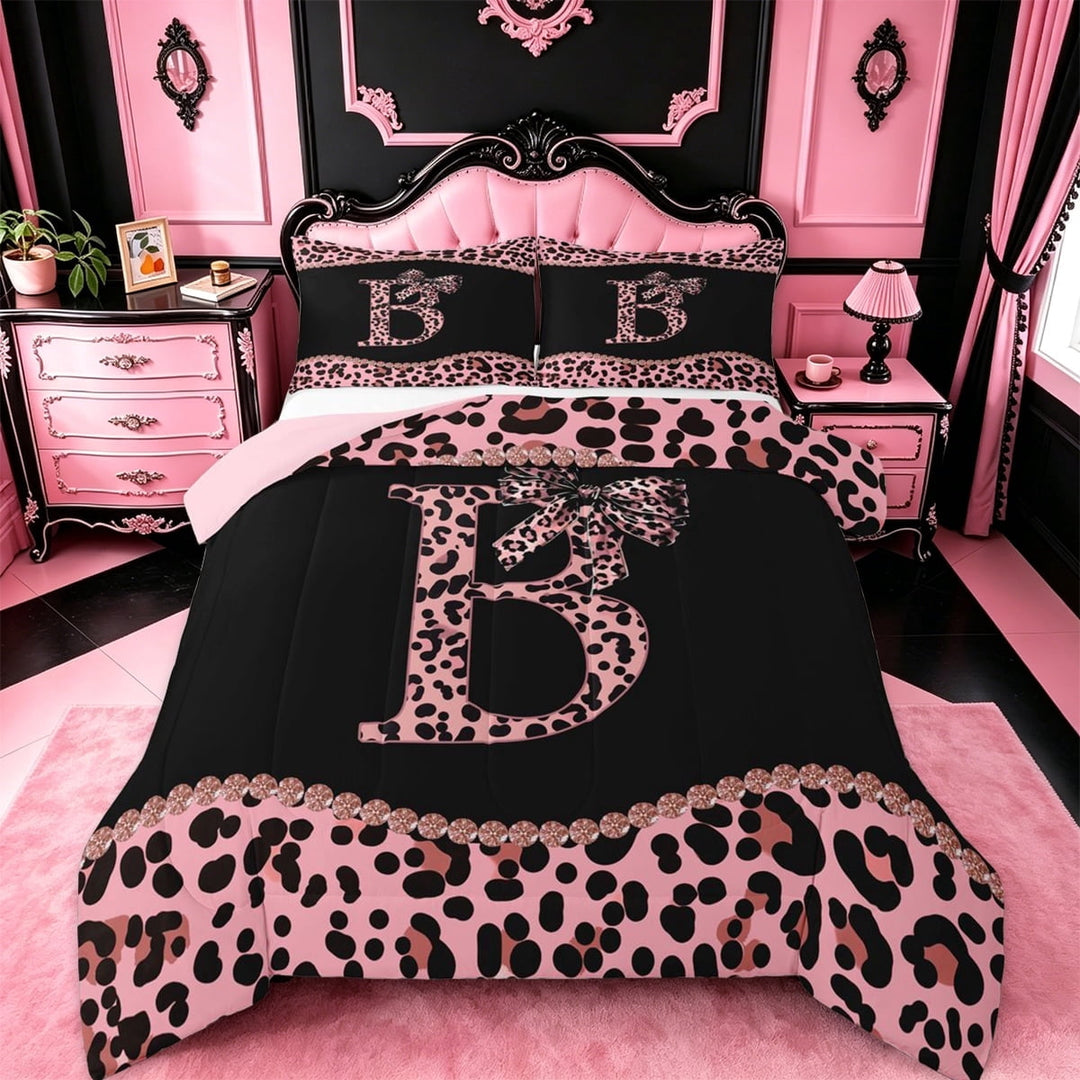 meiyoeat Cheetah Print Bowknot Full Size Comforter Sets For Girls,Pink Leopard Initial B Bedding Sets For Kids,pink Reversible,3pcs