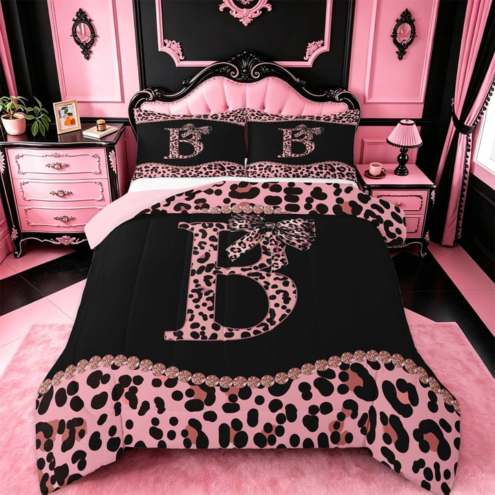 meiyoeat Cheetah Print Bowknot Full Size Comforter Sets For Girls,Pink Leopard Initial B Bedding Sets For Kids,pink Reversible,3pcs