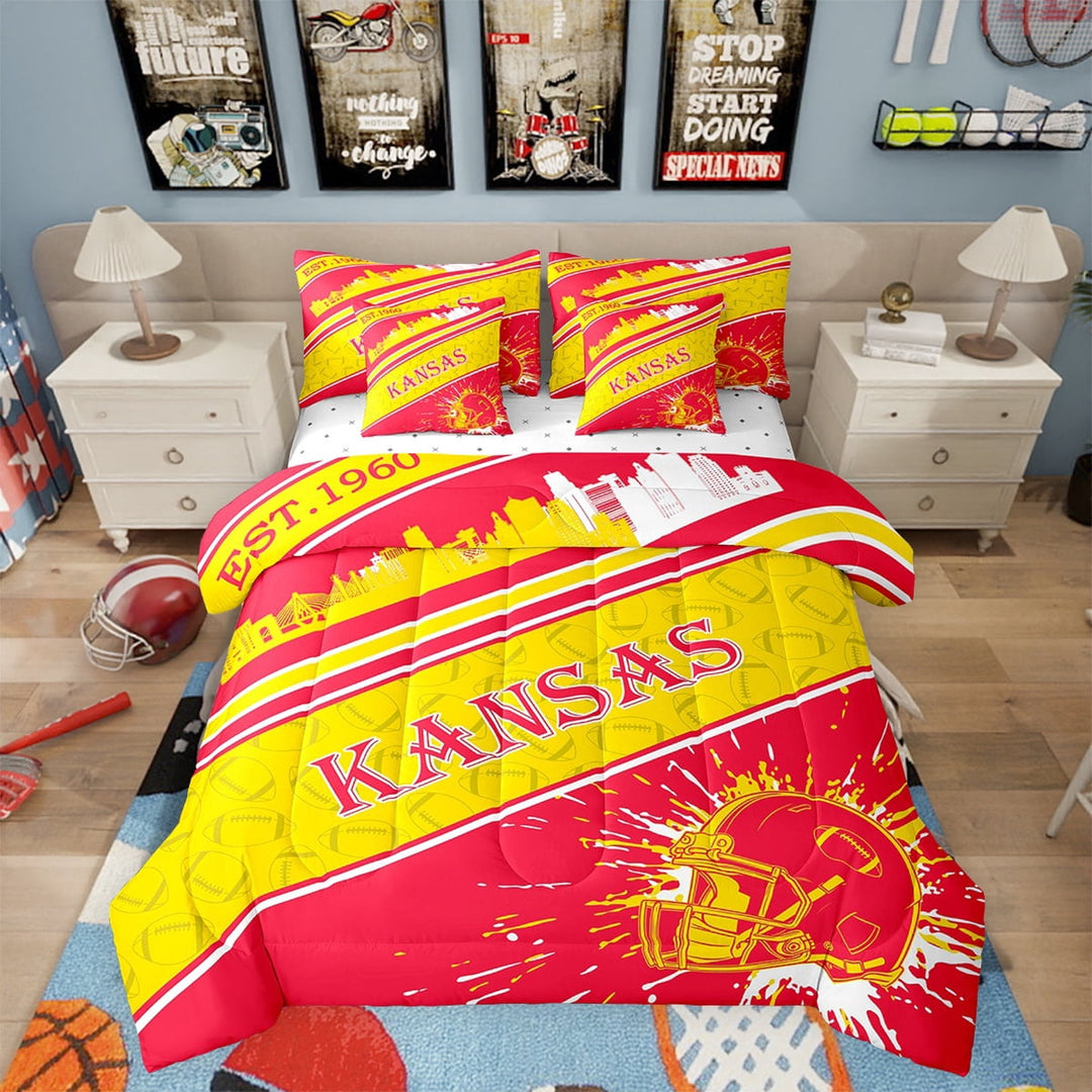 Erosebridal Rugby Sports 7 Pieces Comforter Sets Twin Size Kansas Bedding Set for All Season Gifts for Football Fans Football City Bed in a Bag with Comforter, Sheets, Pillowcases &amp; Cushion Cover
