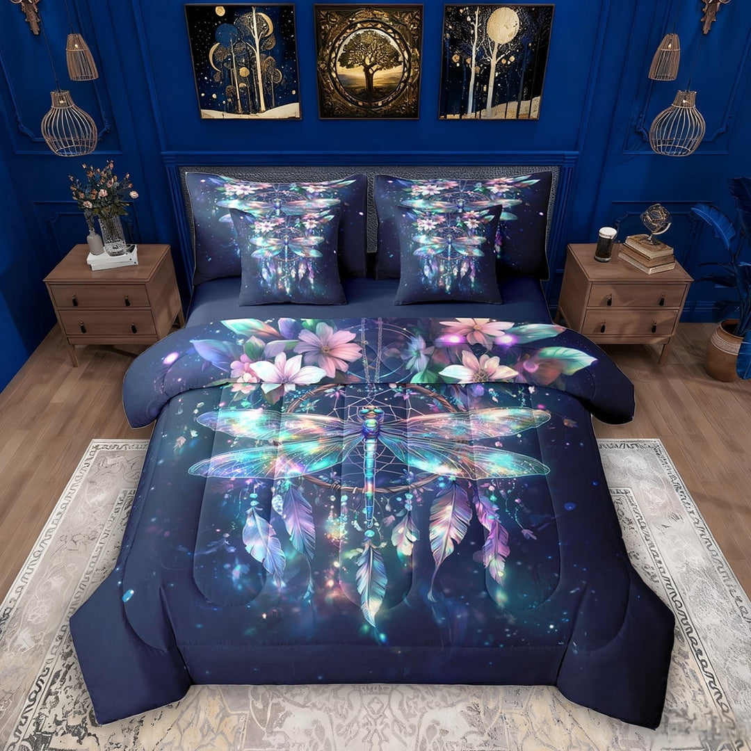Erosebridal Boho Dragonfly Bedding Comforter Set, Hippie Dreamcatcher King Bedding Sets, Navy Reversible, 7pcs