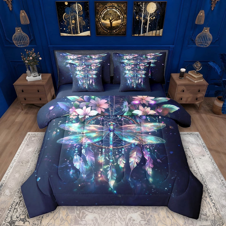 Erosebridal Boho Dragonfly Bedding Comforter Set, Hippie Dreamcatcher King Bedding Sets, Navy Reversible, 7pcs