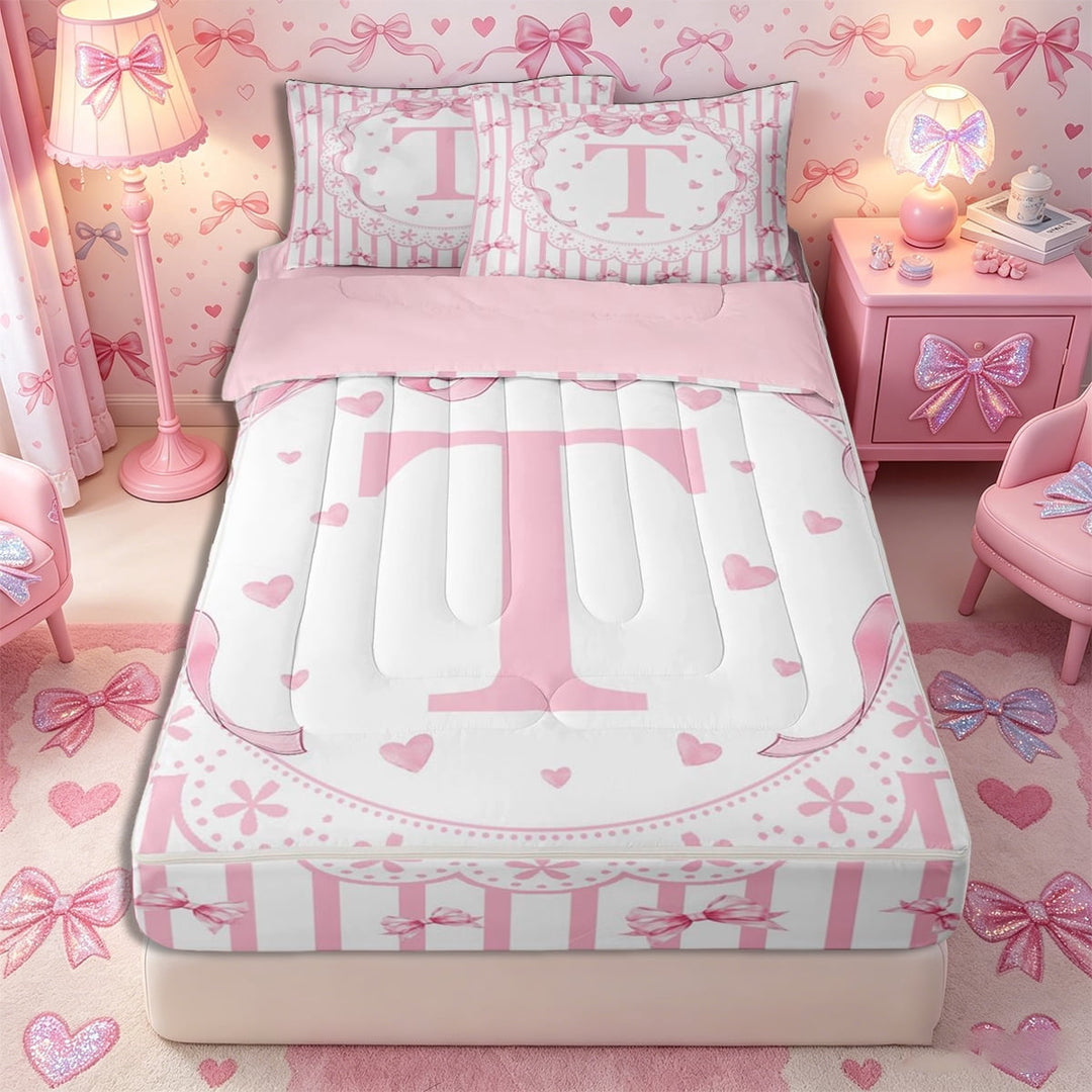 Meiyoeat Pink Initial T Print Zipper Twin Comforter Sets with Fitted Sheet and 2 Pillowcases, Kawaii Bow Stripes Flowers Zipper Bedding Set,4-Piece,Pink Reversible
