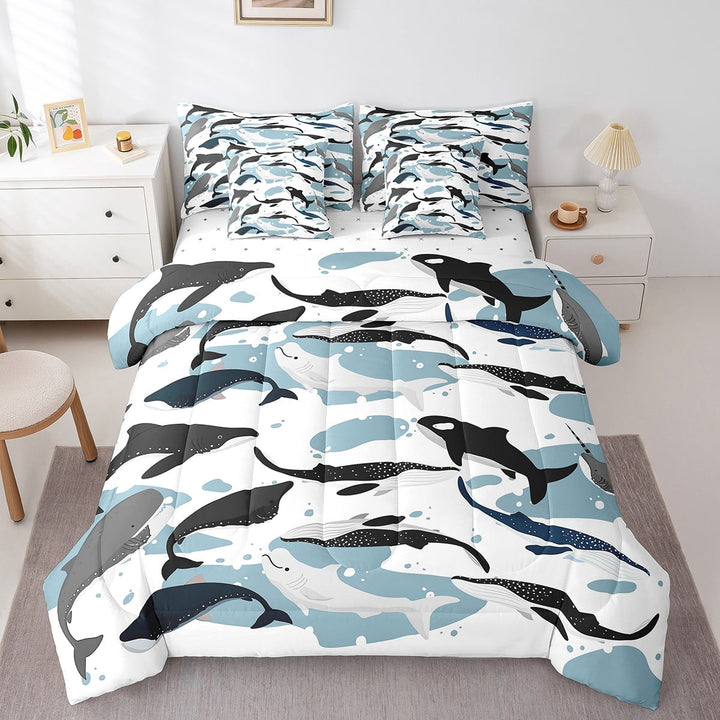 Whale Comforter Set 7 Pcs Twin,Marine Life 7 Piece Bed in a Bag ,Kawaii Cartoon Sea Animal Sheets,Underwater Mammal Bedding Set,Dolphin Killer Whale Top Sheet