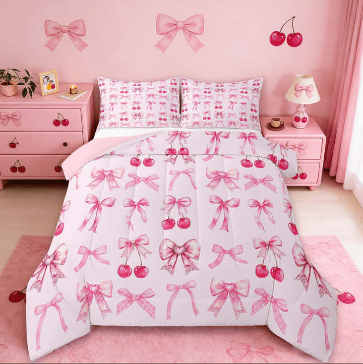Manfei Cartoon Bowtie Full Size Comforter Sets,Pink Bow Bowknot Bedding Comforter Set,Red Cherry Bedding Sets For Girl,Microfiber Room Decor Reversible,3pcs