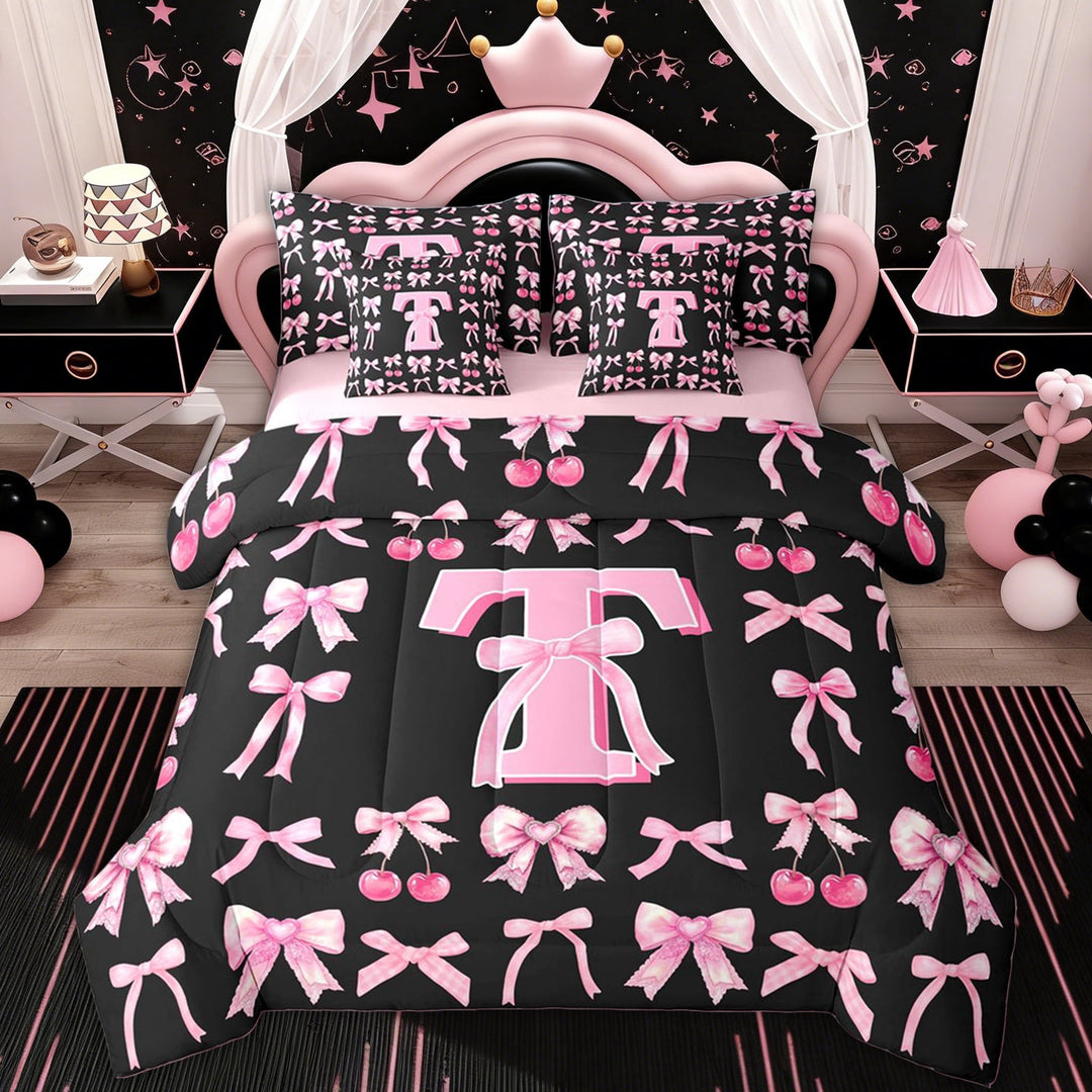 Erosebridal Initial T Twin Bedding Sets for Kids, Black Pink Bowknot Bedding Comforter Set, 7pcs