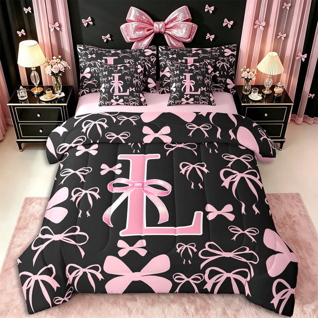 Erosebridal Letter Monogrammed L Twin Bedding Sets 7-Piece,Kawaii Ribbon Bow Bedding Comforter Set,Pink Reversible,Luxury Bedroom Decor