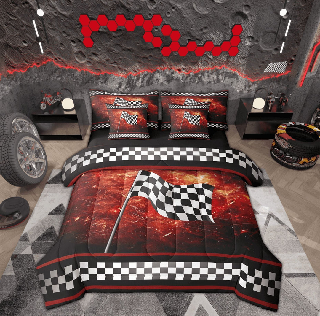 Manfei Modern Motorcycle Bedding Sets Full Size, Extreme Sports Bed in a Bag Full size, Checkered Geometric Reversible Comforter Sets with Sheets, Microfiber Bedroom Decoration, 7pcs