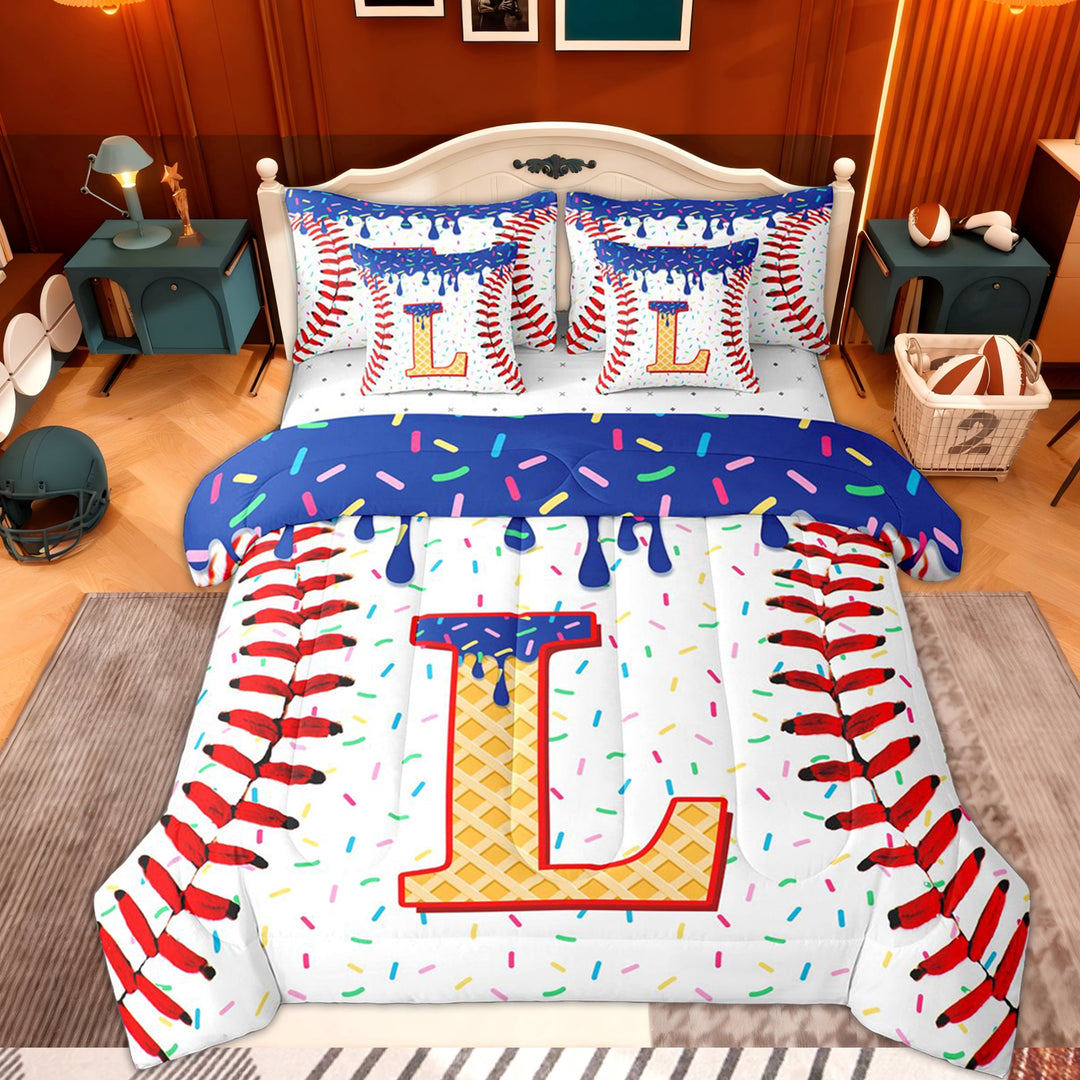 Erosebridal Cartoon L Letter Bedding Comforter Set 7pcs, Boys Baseball Game Queen Bedding Sets