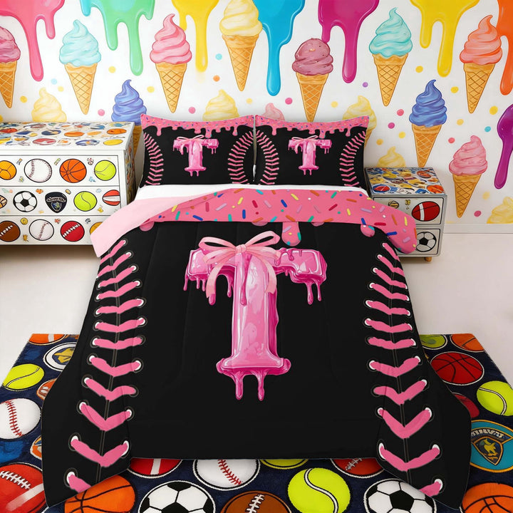 Erosebridal Pink Drip Letter T Queen Comforter Set, Cute Baseball Sport Bedding Comforter Set for Girls and Boys, Pink Reversible 3 Pieces, 1 Comforter and 2 Pillowcases