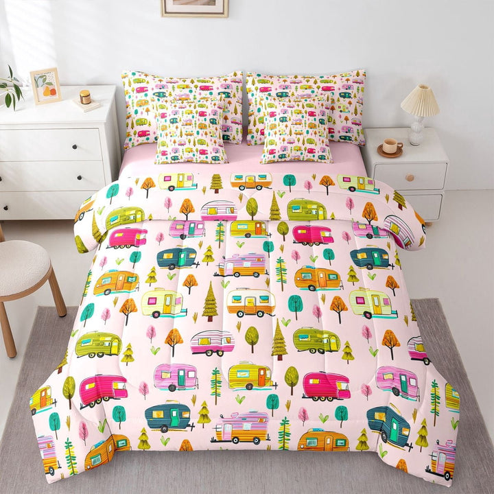 Erosebridal Cartoon Adventure Car Twin Bedding Sets 7-Piece For Boys Girls,Kids Teens Happy Camping Bedding Comforter Set,Pink Reversible
