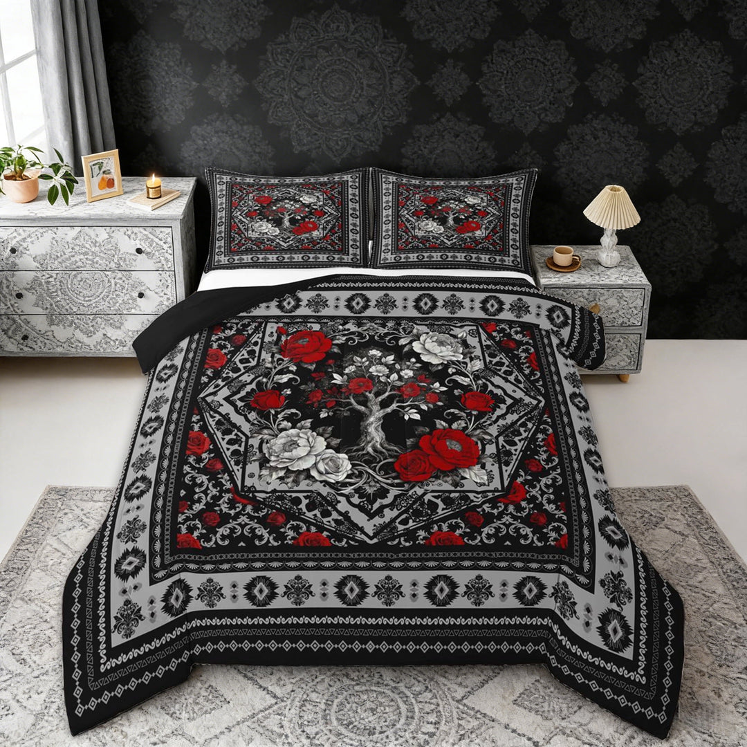 Erosebridal Tree of Life Queen Comforter Set, Bohemian Aztec Mandala Bedding Comforter Set, Black Gray Red, Black Reversible 3pcs, 1 Comforter and 2 Pillowcases