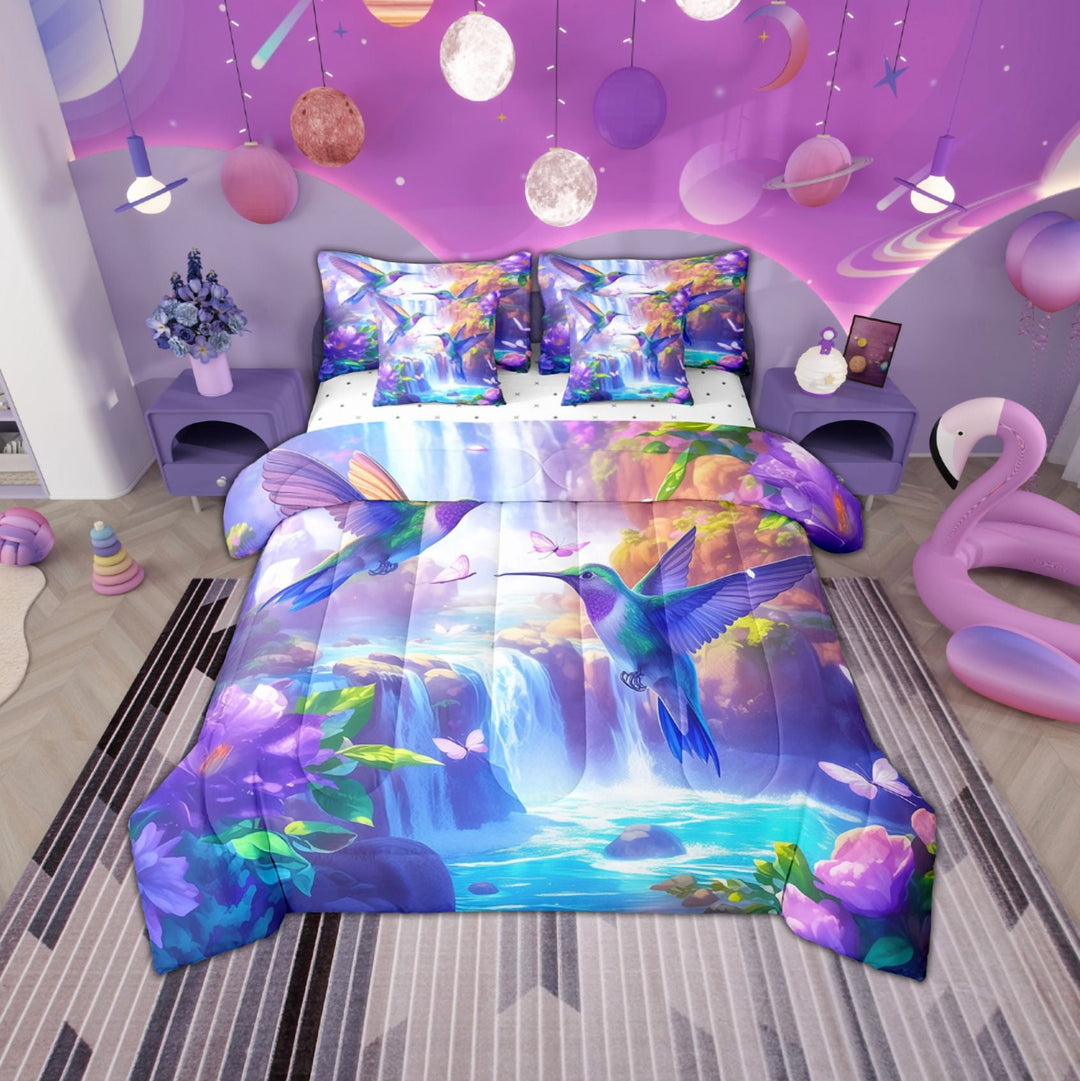 Hummingbird Twin Comforter Set 7 Piece,Rainbow Birds Bedding Comforter Sets,Pink Butterfly Bed In A Bag ,Kawaii Animal Bed Sheets Set,Spring Themed Bed Set,Cozy For All Season