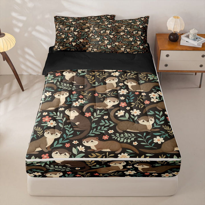 Manfei Vintage Otter Flower Zipper Twin Comforter Sets with Fitted Sheet and 2 Pillowcases for Kids Boys and Girls, Animal Print Zipper Bedding Set, Black Reversible, 4pcs