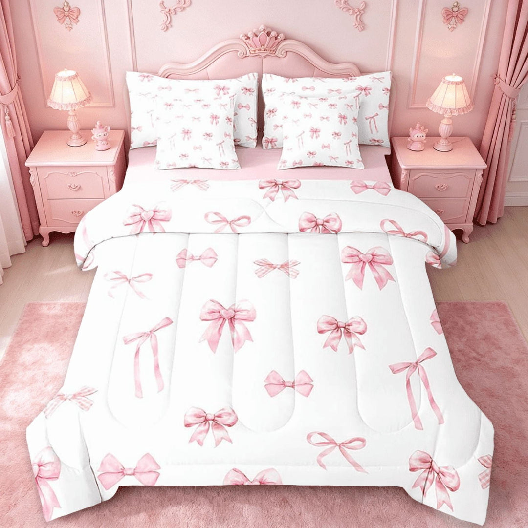 Manfei Pink Bow 7 Pieces Bedding Comforter Set For Girls,Cute Bowknot Kawaii Ribbon Bow Full Bedding Set For Girl Reversible