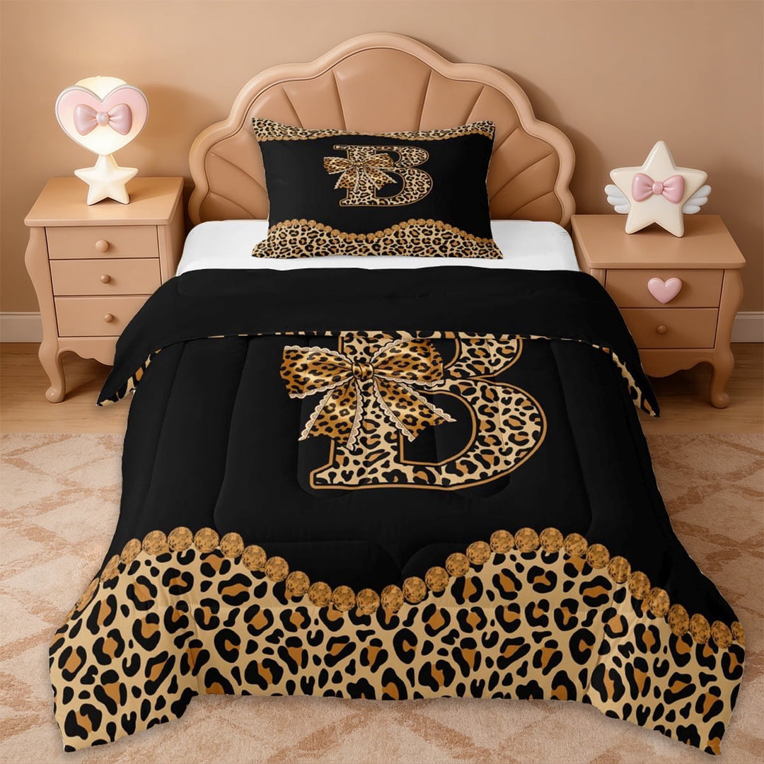 Erosebridal Girl Personalized Gifts Twin Comforter Sets,Cheetah Pattern Bowtie Alphabet B Bedding Set For Kids,Black Reversible,2-Piece