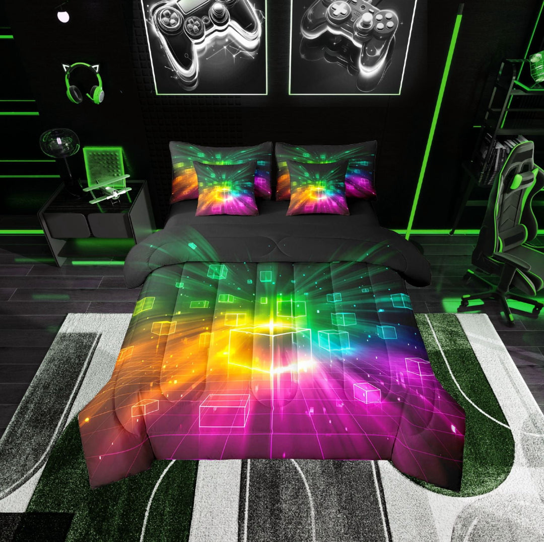 Erosebridal Futuristic Cubes Bedding Sets Twin Size,Geometric Plaid Comforter Sets with Sheets,Grid Checkerd Bed in a Bag Twin size,Super Cozy Gradient Bedroom Decoration,Reversible,7-Piece