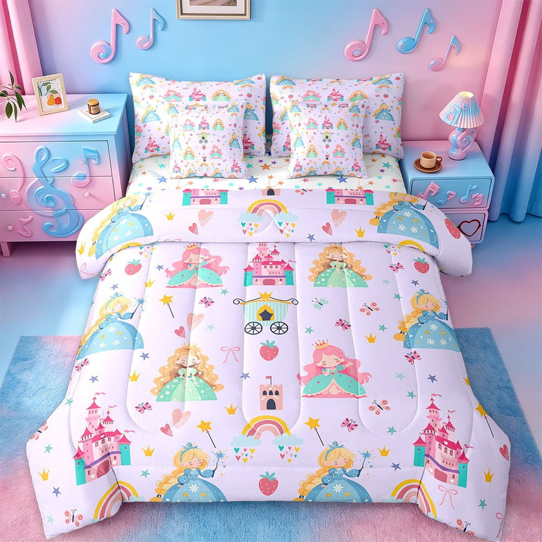 Erosebridal Cartoon Princess Bed in a Bag Twin Size,Purple Cartoon Girl Bed Set,Castle Rainbow Print Bedding Twin Size For Girls,Microfiber Bedroom Decoration Reversible,7 Pieces