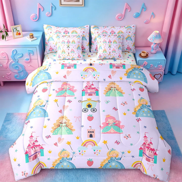 Erosebridal Cartoon Princess Bed in a Bag Twin Size,Purple Cartoon Girl Bed Set,Castle Rainbow Print Bedding Twin Size For Girls,Microfiber Bedroom Decoration Reversible,7 Pieces