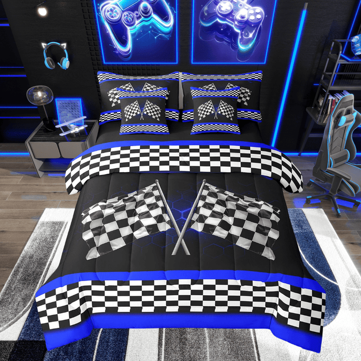 Erosebridal Race Car Flag Bed in a Bag Twin size, Black White Bed Set, Racing Game Sport Decor, Reversible 7pcs