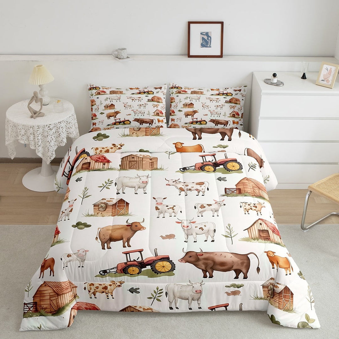Farm Animals Twin Comforter Set,Countryside Rural Cow Bedding Set,Cartoon Tractor Bedding Comforter Sets,Rustic Farmhouse Duvet Insert