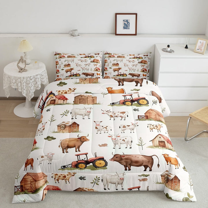 Farm Animals Twin Comforter Set,Countryside Rural Cow Bedding Set,Cartoon Tractor Bedding Comforter Sets,Rustic Farmhouse Duvet Insert