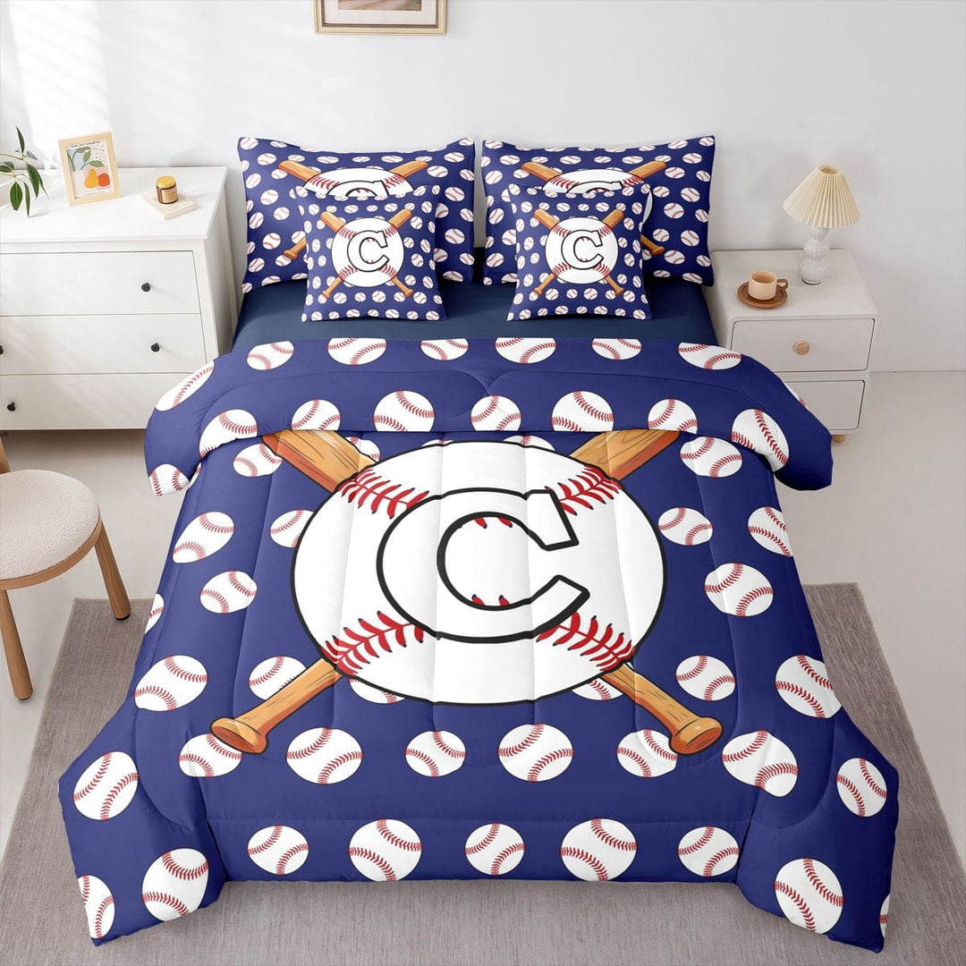 Erosebridal Teens Baseball Gaming Letter C Monogrammed Twin Bedding Sets 7-Piece,Girls Boys Sport Gamer Bedding Comforter Set,Navy Blue Reversible,Super Cozy Room Decor