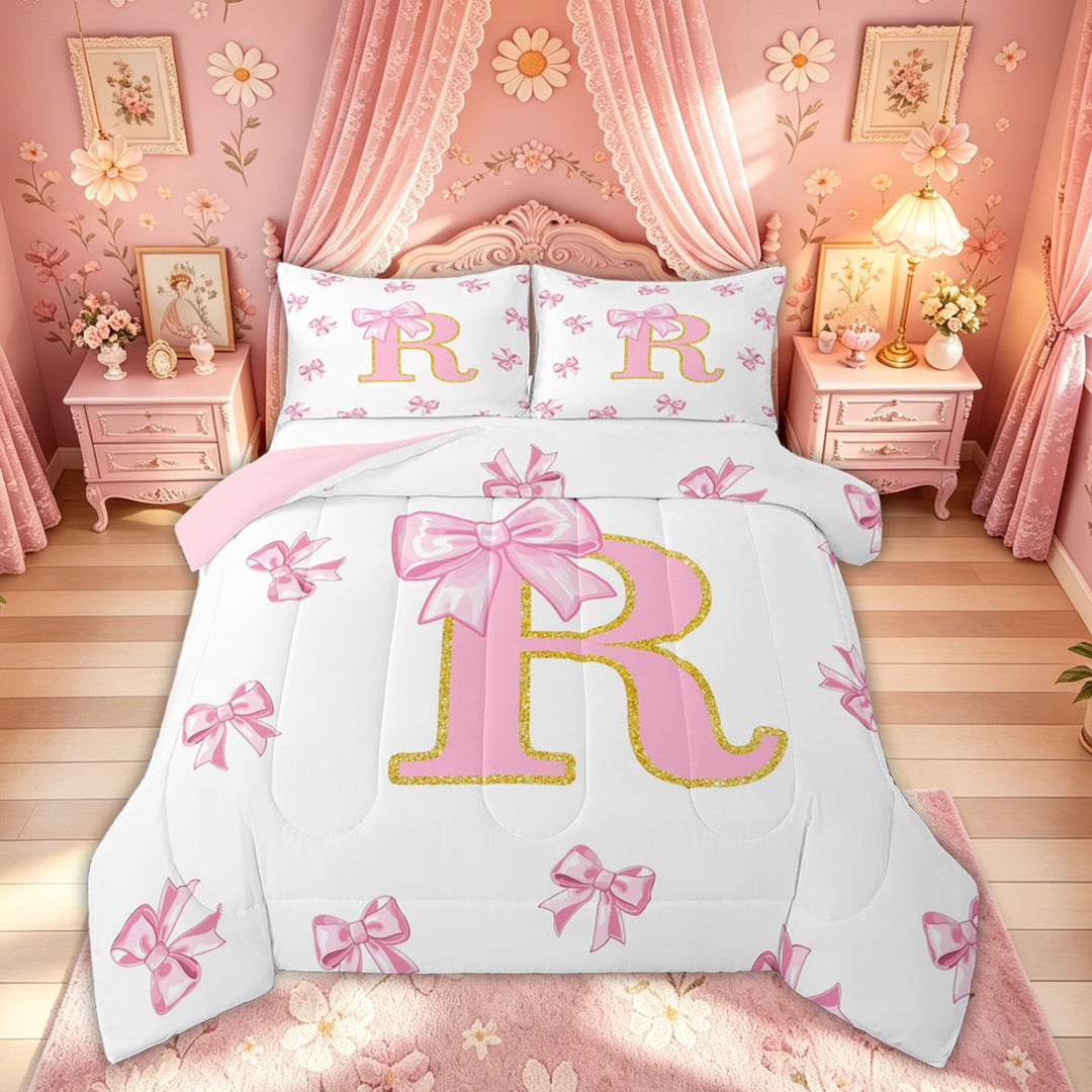Meiyoeat Glitter Print Bow R Letter Full Size Comforter Sets for Women Girls, Pink Sparkle Ribbon Bedding Sets, Pink Reversible, 3-Piece