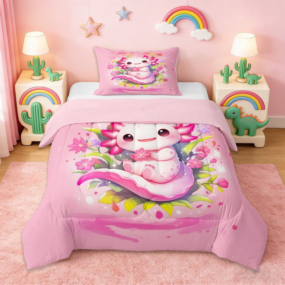 Erosebridal Pink Cute Axolotl Twin Comforter Sets,Kawaii Cherry Blossom Bedding Set For Girly, Reversible 2-Piece