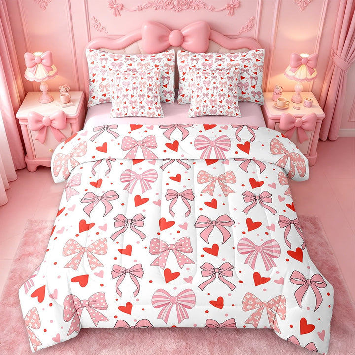 Erosebridal Bow Knot Pattern Bedding Sets Twin Size,Cartoon Bow Bowknot Comforter Sets with Sheets,Red Hlove Dots Bed in a Bag Twin Size For Teens,Lightweight Bedroom Decorative Reversible,7-Piece