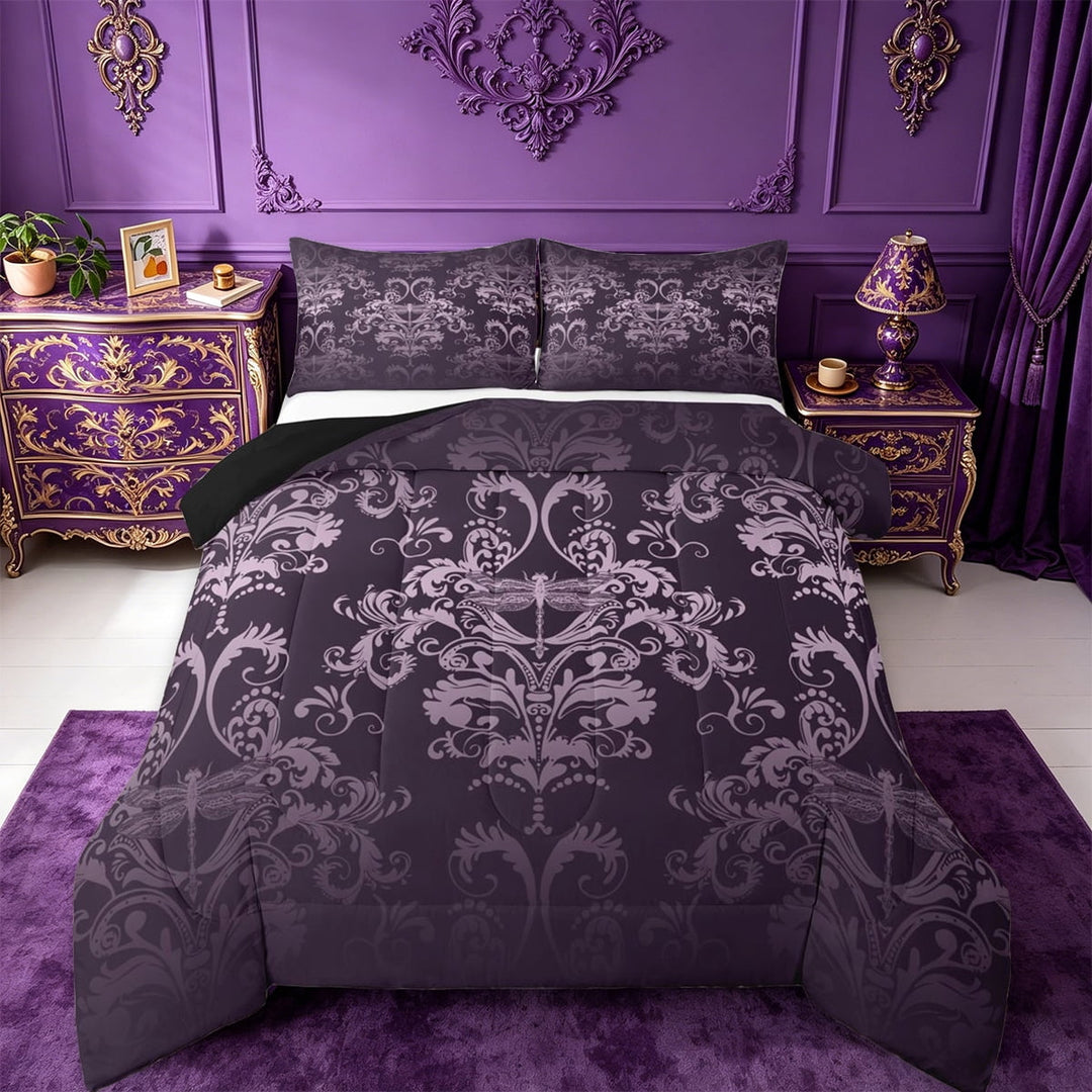 jejeloiu Retro Damask Print Queen Comforter Set,Rustic Dragonfly Bedding Sets,Purple Baroque Flower Bedding Comforter Set For Men Women,Luxury Bedroom Decor Reversible,3 Pieces