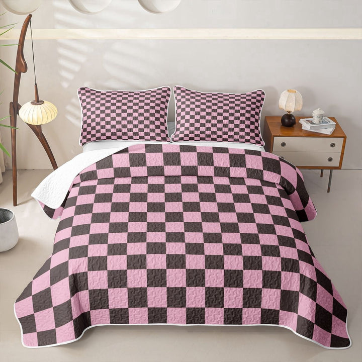 Erosebridal Abstract Checker Quilt Full for Girls, Pink Brown Square Block Full Bedspread Sets, 3pcs