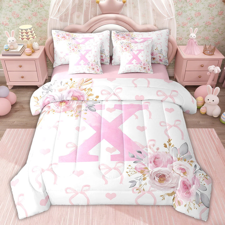 Erosebridal Floral Initial Letter X Bedding Twin Size for Kids, Monogrammed Bed in a Bag Twin size, Anniversary Decor, Pink Reversible