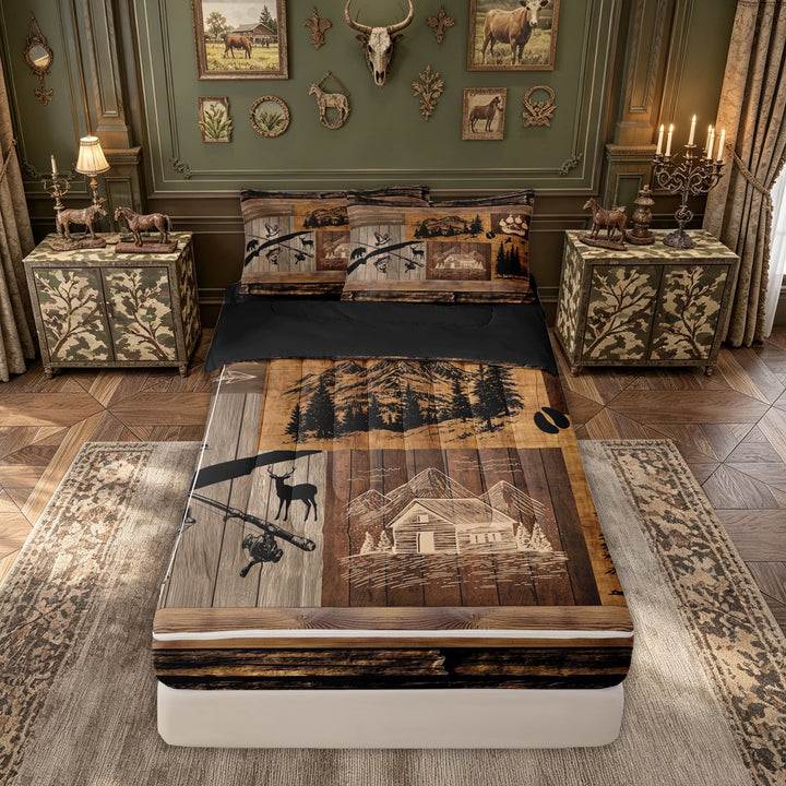 meiyoeat Rustic Forest Fishing Zipper Comforter Set with Fitted Sheet and 2 Pillowcases for Men, Wooden Lake House Zipper Bedding Set, Brown, Black Reversible, 3 Pieces