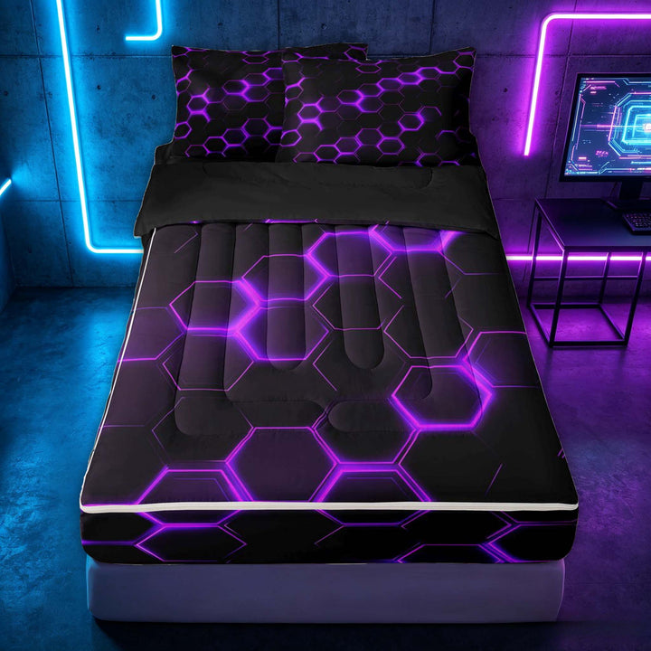 meiyoeat Neon Honeycomb Pattern Zipper Twin Comforter Sets with Fitted Sheet and 2 Pillowcases for Boys Girls, Geometric Hexagon Zipper Bedding Set, Purple, Black Reversible