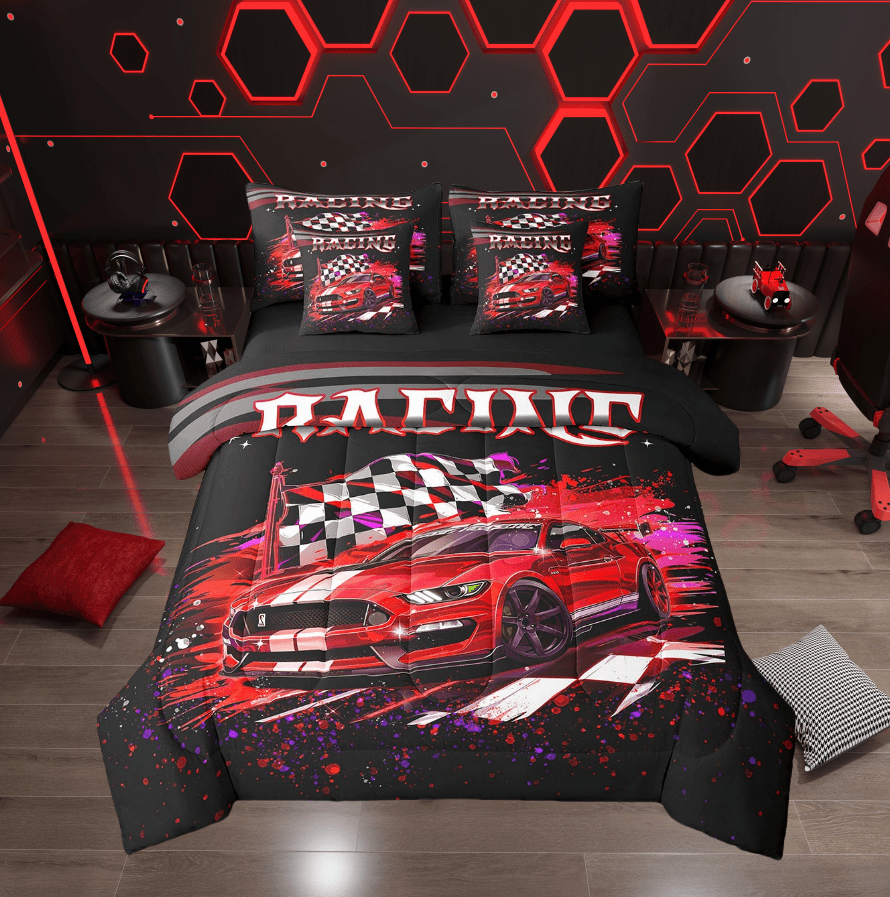 Red Race Car Comforter Set Twin 7 Piece Racing Car Bedding Sets Teen Men,Black White Racing Checkered Flag Bed In A Bag Extreme Sports Theme Sheet Set With Comforter