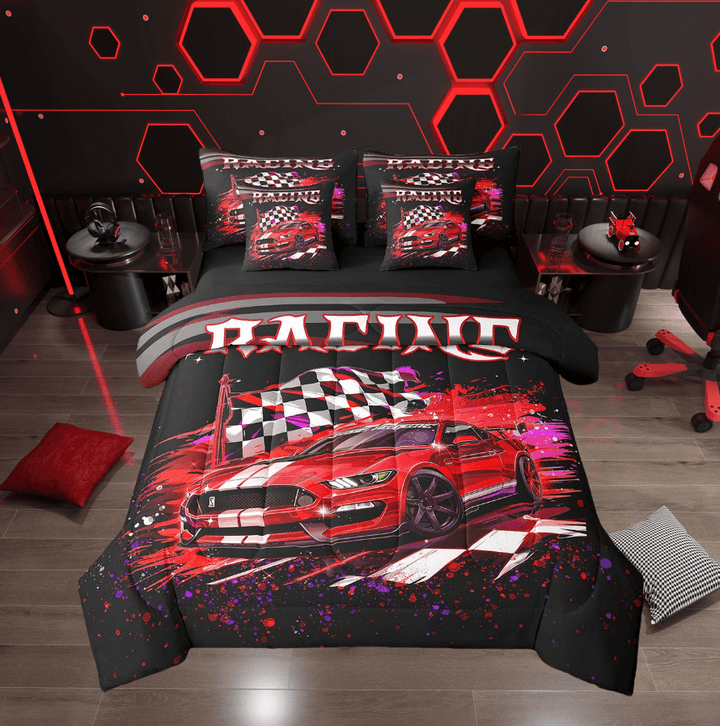 Red Race Car Comforter Set Twin 7 Piece Racing Car Bedding Sets Teen Men,Black White Racing Checkered Flag Bed In A Bag Extreme Sports Theme Sheet Set With Comforter
