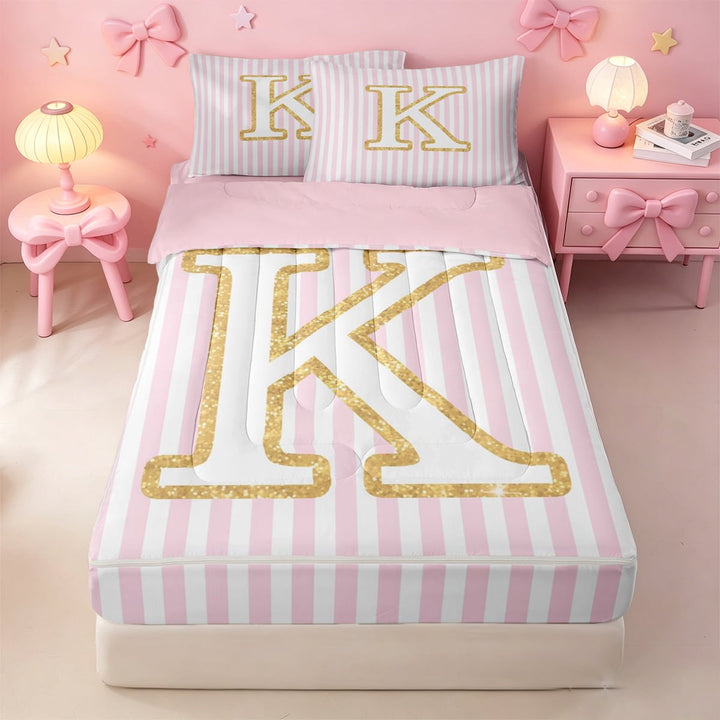 meiyoeat Alphabet ABC Print Theme Zipper Full Size Comforter Sets with Fitted Sheet and 2 Pillowcases For Kids,Fashion K Monogrammed Pink Geometric Stripes Zipper Bedding Set,pink Reversible,4-Piece