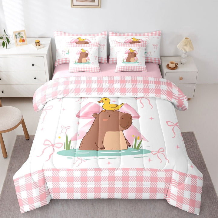 Erosebridal Cute Capybara 7-Piece Twin Bedding Sets,Pink Bowknot Ribbon Bows Bedding Comforter Set For Girls Kids ,Reversible Pink