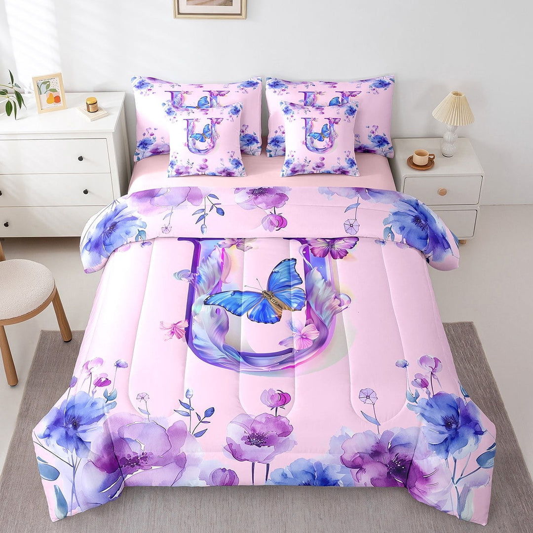 Erosebridal Butterfly Bedding Sets Twin Size,Personalized Letter U Comforter Sets with Sheets,Pink Purple Flower Bed in a Bag Twin Size For Girl,Microfiber Room Decoration Reversible,7-Piece