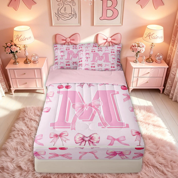 meiyoeat Cute Bow Letter M Zipper Comforter Set with Fitted Sheet and 2 Pillowcases for Girls, Bowknot Cherry Zipper Bedding Set, Pink, Pink Reversible, 3 Pieces