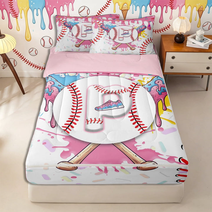 Meiyoeat Ice Cream Baseball Letter P Zipper Full Size Comforter Sets with Fitted Sheet and 2 Pillowcases for Girls Toddlers, Sneaker Graphic Zipper Bedding Set for Daily,4pcs,Pink Reversible